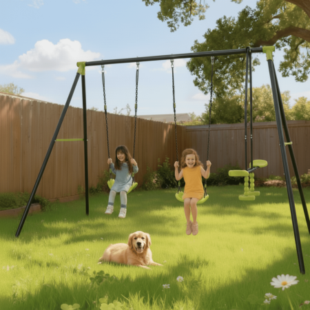 Metal Swing Sets for Outside, Kids Backyard Swing Set with Swing Chair, Glider, Ground Nail, 3 In 1 Outdoor Swing Set, Backyard Playground Swing Set for 3-8 Year, Max Weight 440 lbs