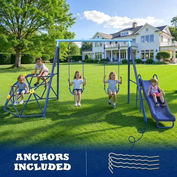 Swing Set with Slide, 6ft Climbing Dome & 2 Belt Swings for Kids Outdoor, Backyard Play Set for Kindergarden, Pre-School, Ages 3-8, 500lbs Capacity
