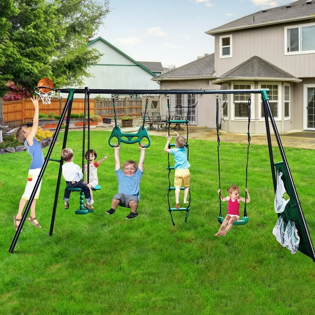 Metal Swing Set for Outside, 5 in 1 Kids Backyard Swing Set, Outdoor