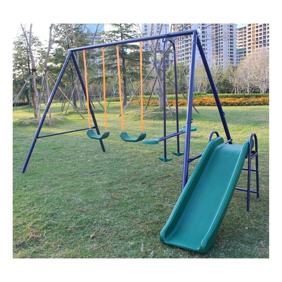 Metal Swing Set w/ Slide - Outdoor Playground Equipment for Kids - A-Frame Swing Set - Blue, Green, Orange
