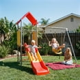 thumbnail image 1 of Rayocon Metal Swing Set with Slide and Canopy, Splinter-Free ABS & Steel Playset for Backyard, 2 Belt Swings & Playhouse Deck, Toddler Outdoor Toys, 1 of 9