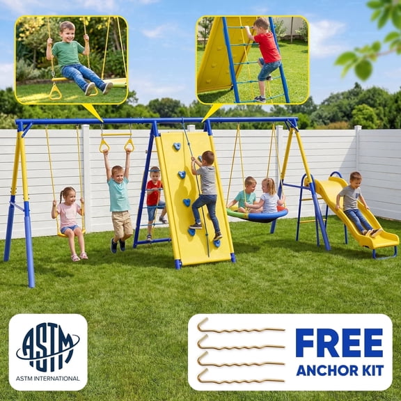 Swing Sets,Fashionsport Outfitters Heavy-Duty Metal Swing sets for Backyard, Playground,Outside Toys with Climber Net,Climber Wall,Saucer Swing,Wave Slide,Belt Swing ,Trapeze Bar for 7 Kids Aged 3-12