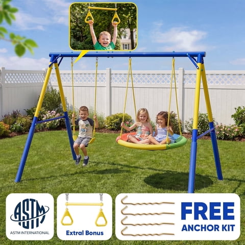 Swing Sets for Backyard,Fashionsport Outfitters Heavy-Duty 500lbs Outdoor Metal Swing sets for Playground,Outside Toys with Saucer Swing,Belt Swing and Trapeze Rings for Aged 3-12 Kids