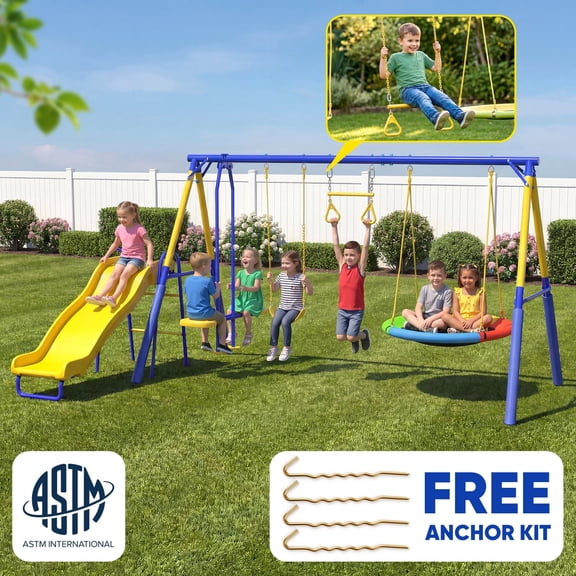 Metal Swing Sets for Backyard,Fashionsport Outfitters Heavy-Duty Outdoor Kids Swing sets for Playground,Outside Toys with Saucer Swing,Glider,Wave Slide,Belt Swing ,Trapeze Bar Swing for Aged 3-12