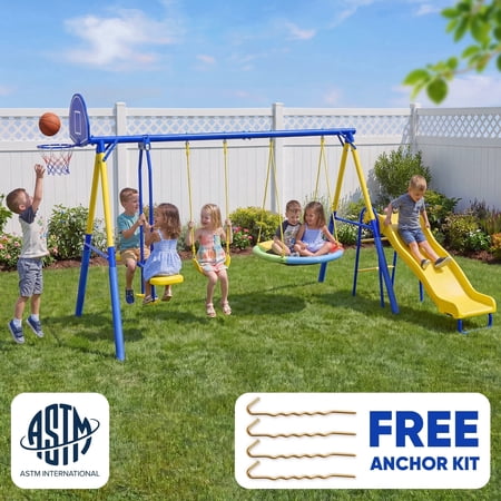 Metal Swing Sets for Backyard,Fashionsport Outfitters Heavy-Duty Outdoor Swing sets for Playground,Outside Toys with Saucer Swing,Glider,Wave Slide,Belt Swing ,Basketball Hoop for 7 Kids Aged 3-12