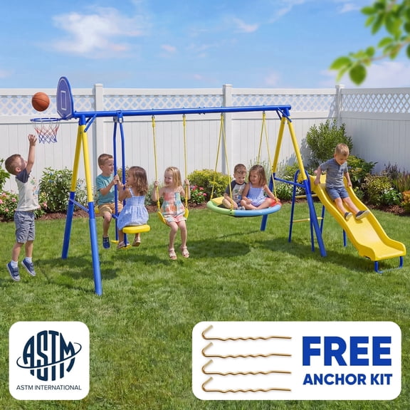 Metal Swing Sets for Backyard,Fashionsport Outfitters Heavy-Duty Outdoor Swing sets for Playground,Outside Toys with Saucer Swing,Glider,Wave Slide,Belt Swing ,Basketball Hoop for 7 Kids Aged 3-12
