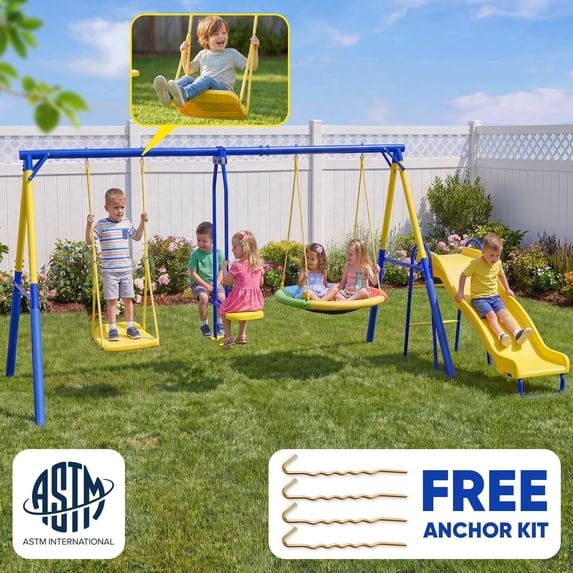 Swing Sets 6 Kids Play,Fashionsport Outfitters Heavy-Duty Outdoor Metal Swing sets for Backyard,Playground,Outside Toys with Saucer Swing,Wave Slide,Glider,Standing Swing for Aged 3-12