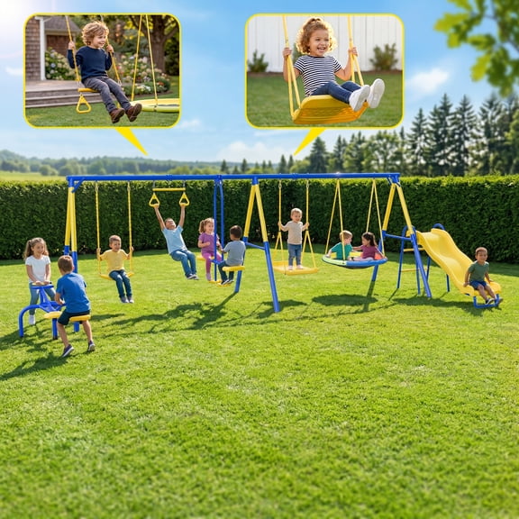 Gardwin 7in1 Metal Swing Sets with Trampoline,Outdoor Swing sets for Backyard,Outside Toys with Saucer Swing,Slide,Glider,Belt Swing,Trapeze Bar,Standing Swing,Teeter Totters for 10 Kids Aged 3-12