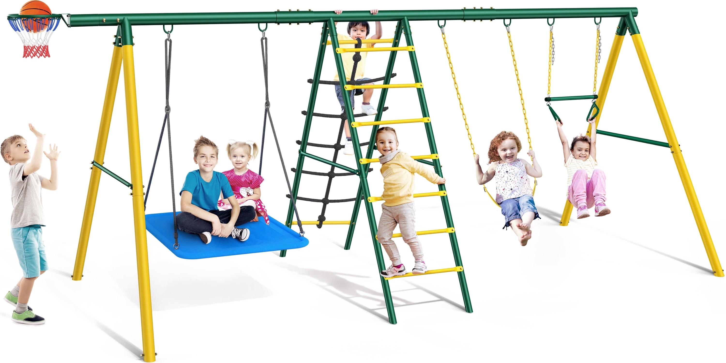 HeavyDuty Metal Swing Set, Outdoor Kids Playset with 2 Swings, Trapeze