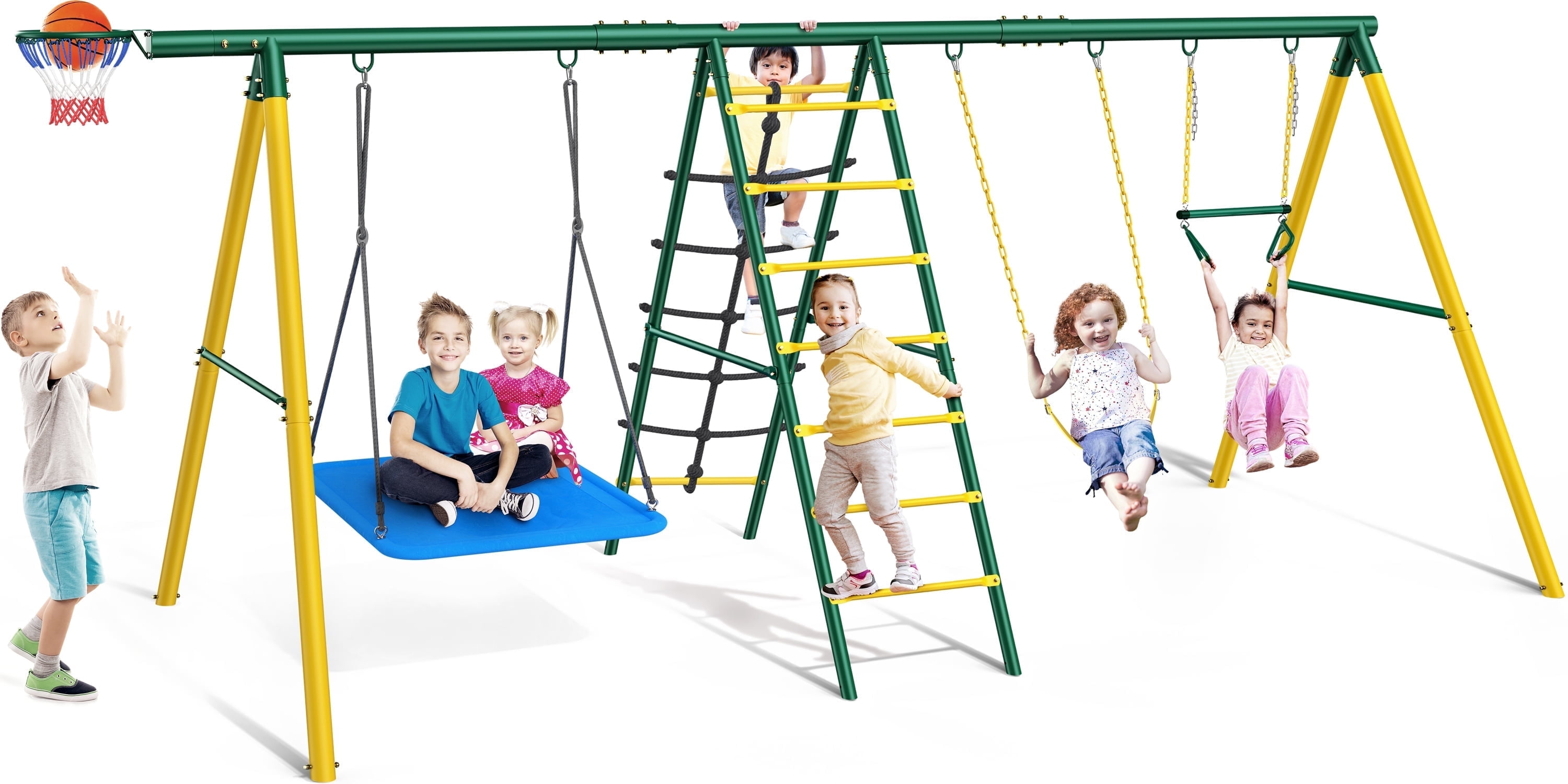 Walmart daily deals:  Metal Swing Sets for Backyard,Heavy-Duty Outdoor Kids Playsets for Playground,Outside Toys with 2 Swings,Trapeze Bar and Basketball Hoop for Aged 3-12