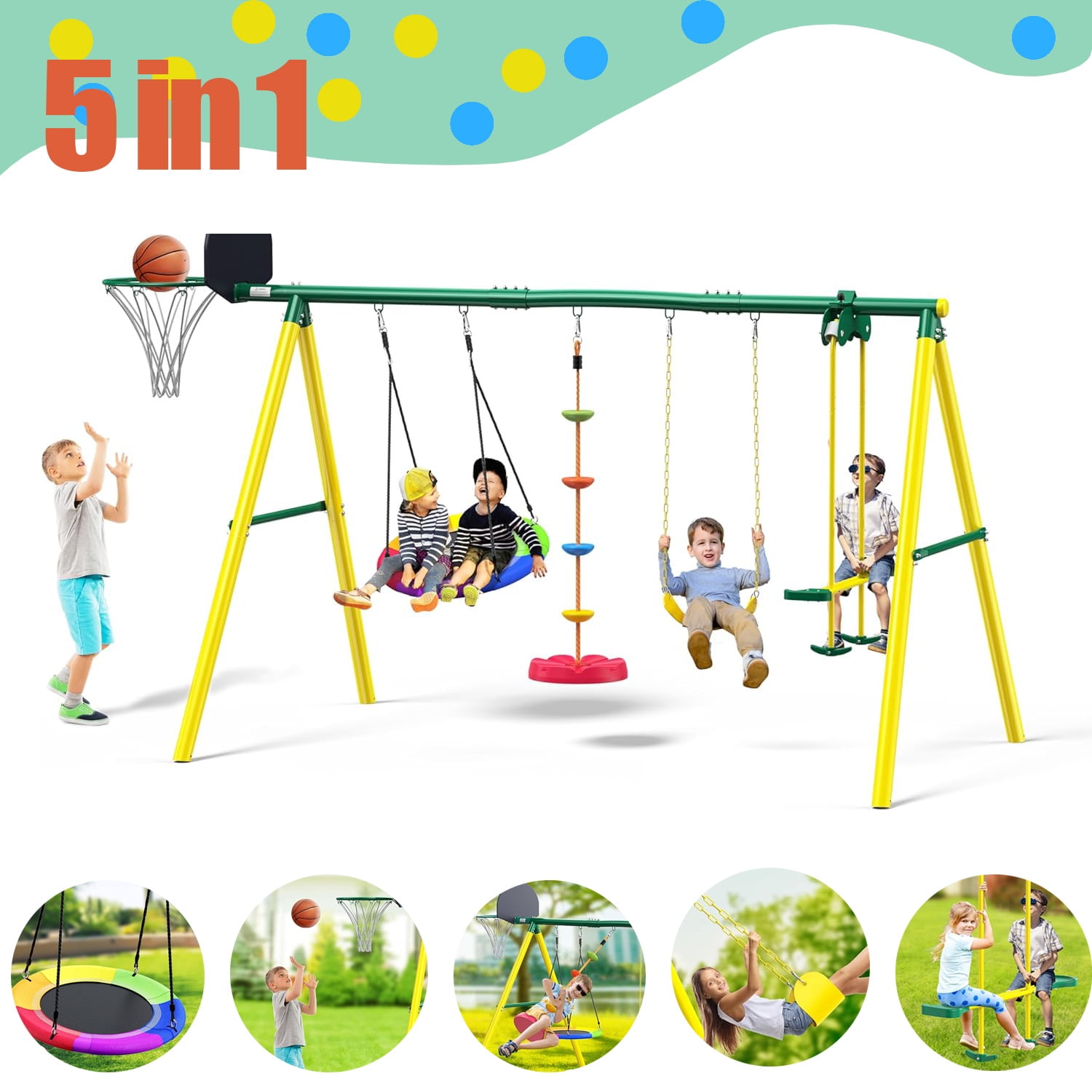 Walmart Black Friday Deals 2025 "Easoger Metal Swing Sets for Backyard, Heavy-Duty Outdoor Kids Playset, Green, 137""D x 47""W x 78""H"