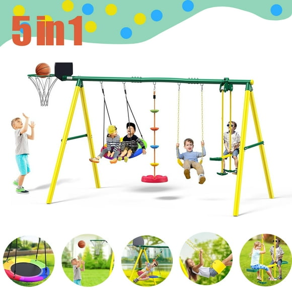 Metal Swing Sets for Backyard,Heavy-Duty Outdoor Kids Playsets for Playground,Outside Toys with Saucer Swing, Glider, Rope Swing, and Basketball Hoop for Aged 3-12