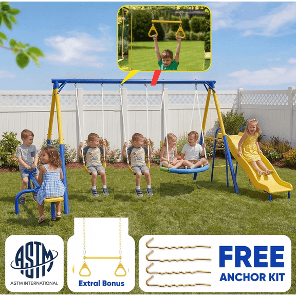 Metal Swing Sets for Backyard,Fashionsport Outfitters Heavy-Duty Outdoor Kids Swing Sets for Playground,Outside Toys with Saucer Swing,Teeter-Totter,Slide,Person Swing Seat,Trapeze Bar for Aged 3-12