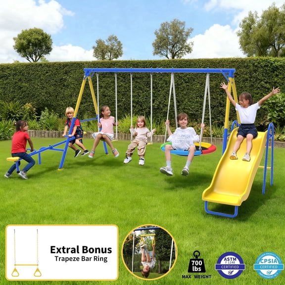 Metal Swing Sets for Backyard,Fashionsport Outfitters Heavy-Duty Outdoor Kids Swing Sets for Playground,Outside Toys with Saucer Swing,Teeter-Totter,Slide,Person Swing Seat,Trapeze Bar for Aged 3-12