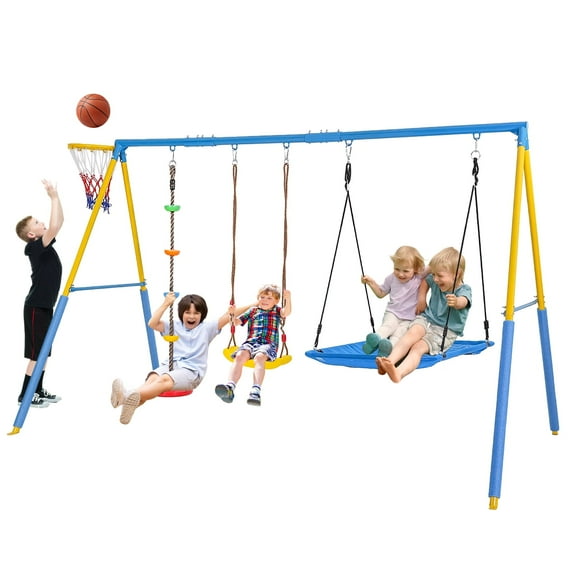 Metal Swing Sets for Backyard, Kids Outdoor Playground Playset with Swing, Flying Saucer, Tree Climbing Rope, Basketball Hoop Combo