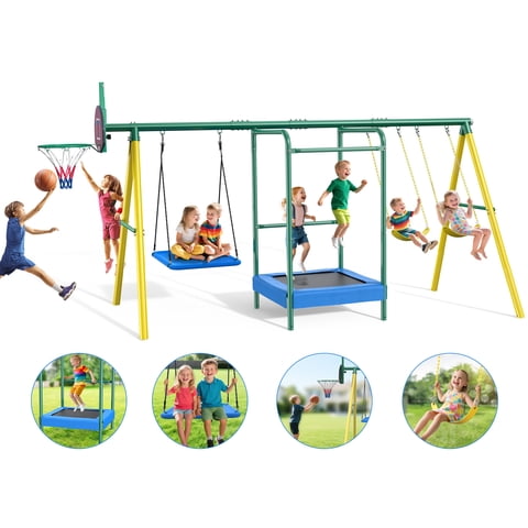 Metal Swing Sets for Backyard,  Heavy-Duty Outdoor Kids Playsets for Playground,Outside Toys with Trampoline, Platform Swing, 2 Swings and Basketball Hoop for Aged 3-12