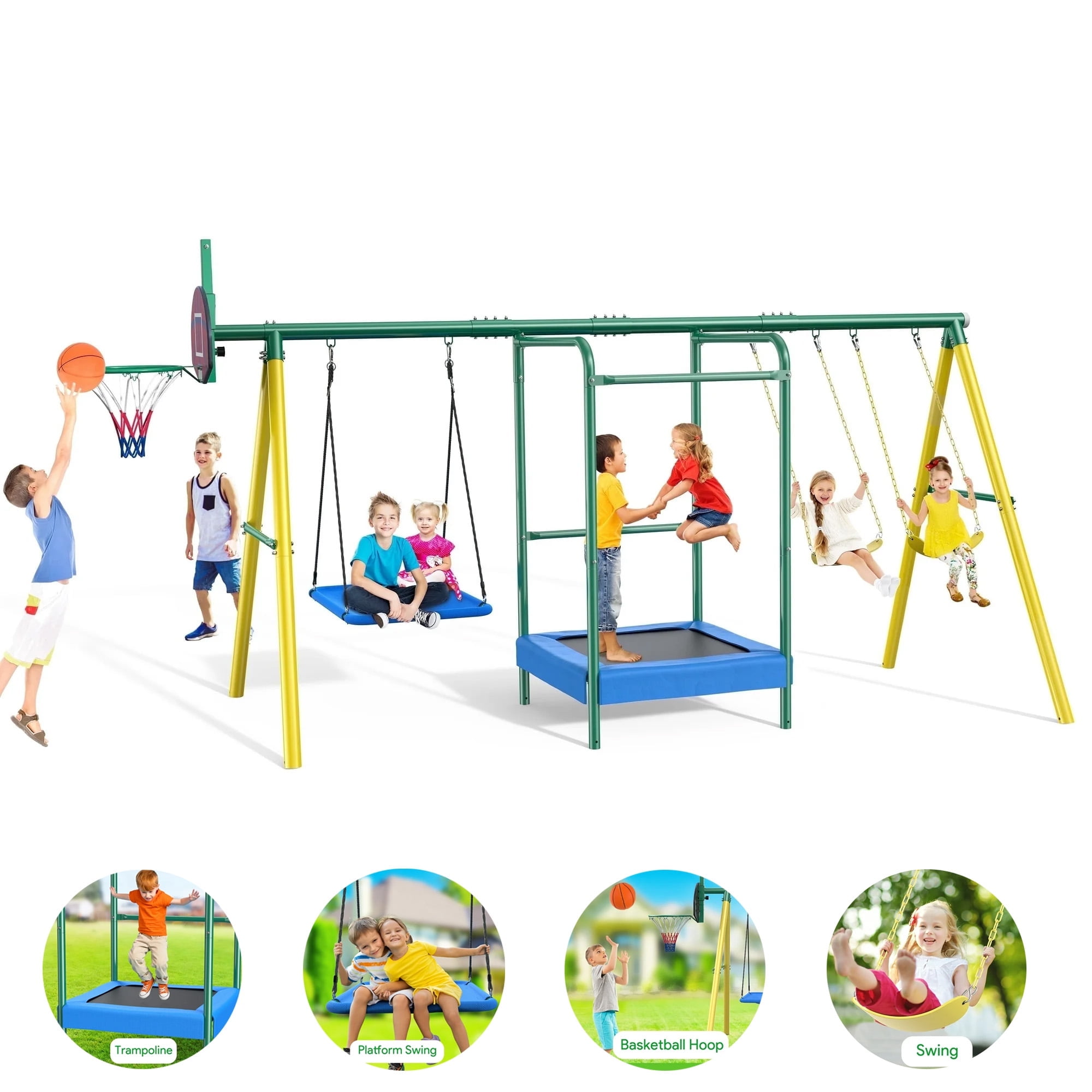 Walmart Deal of Metal Swing Sets for Backyard,  Heavy-Duty Outdoor Kids Playsets for Playground,Outside Toys with Trampoline, Platform Swing, 2 Swings and Basketball Hoop for Aged 3-12