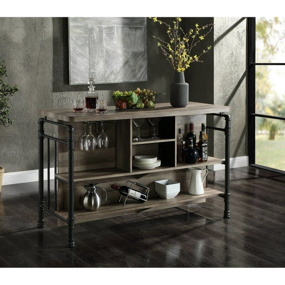 Metal & Synthetic Wood Counter Height Table, 35.38 In. Height, 57.73 Width Table With Frame, Antique Oak Sandy Gray
