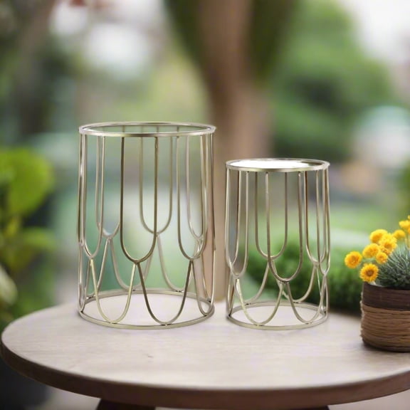 Serina Metal Nesting Accent Table Set with Mirrored Top, Round Polished Finish