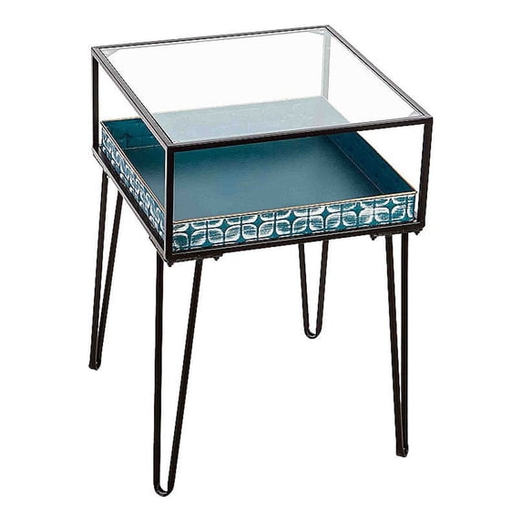 Metal Table with Glass Top and Teal Metal Planter Dish
