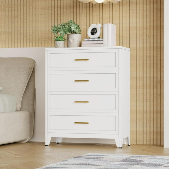Metal Tall Dressers for Bedroom,Chest of Drawers Storage Cabinet with 4 Drawers，Wide Deep Dresser Drawers Cabinet Organizer Unit for Clothes, Bedroom, Living Room, Hallway, Entryway（White）