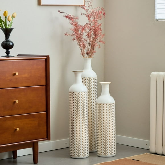 Metal Tall Floor Vase, Decorative Large Flower Vase With Golden Wheat Pattern, Antique White Finish (Set Of 3)