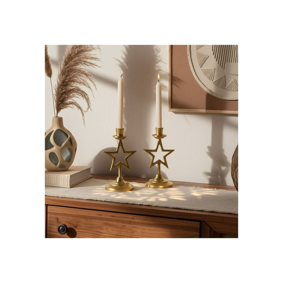 Metal Taper Candle Holder - Star Design Boho Modern Aluminum Decor for Home, Office, Bedroom, Living Room - Elegant Pillar & Taper Stand  - 9" Gold