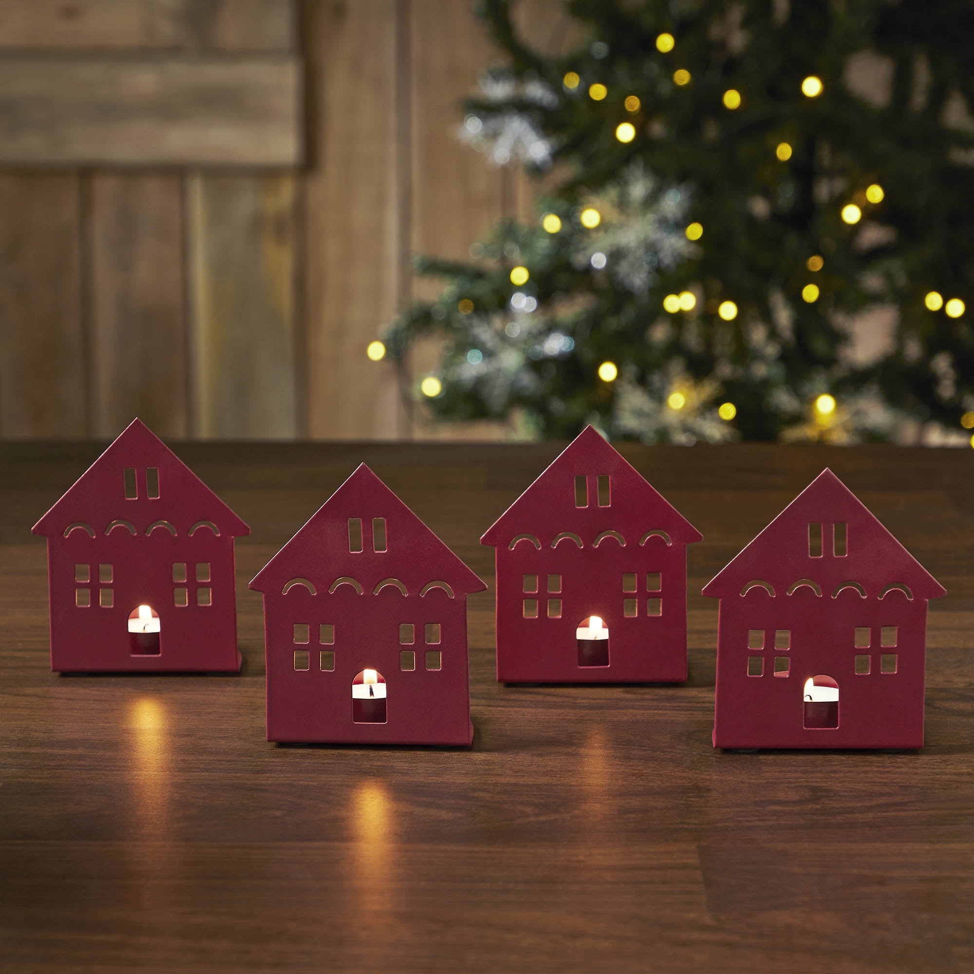 Burgundy Metal House-Shaped Tealight Holders Set of 4