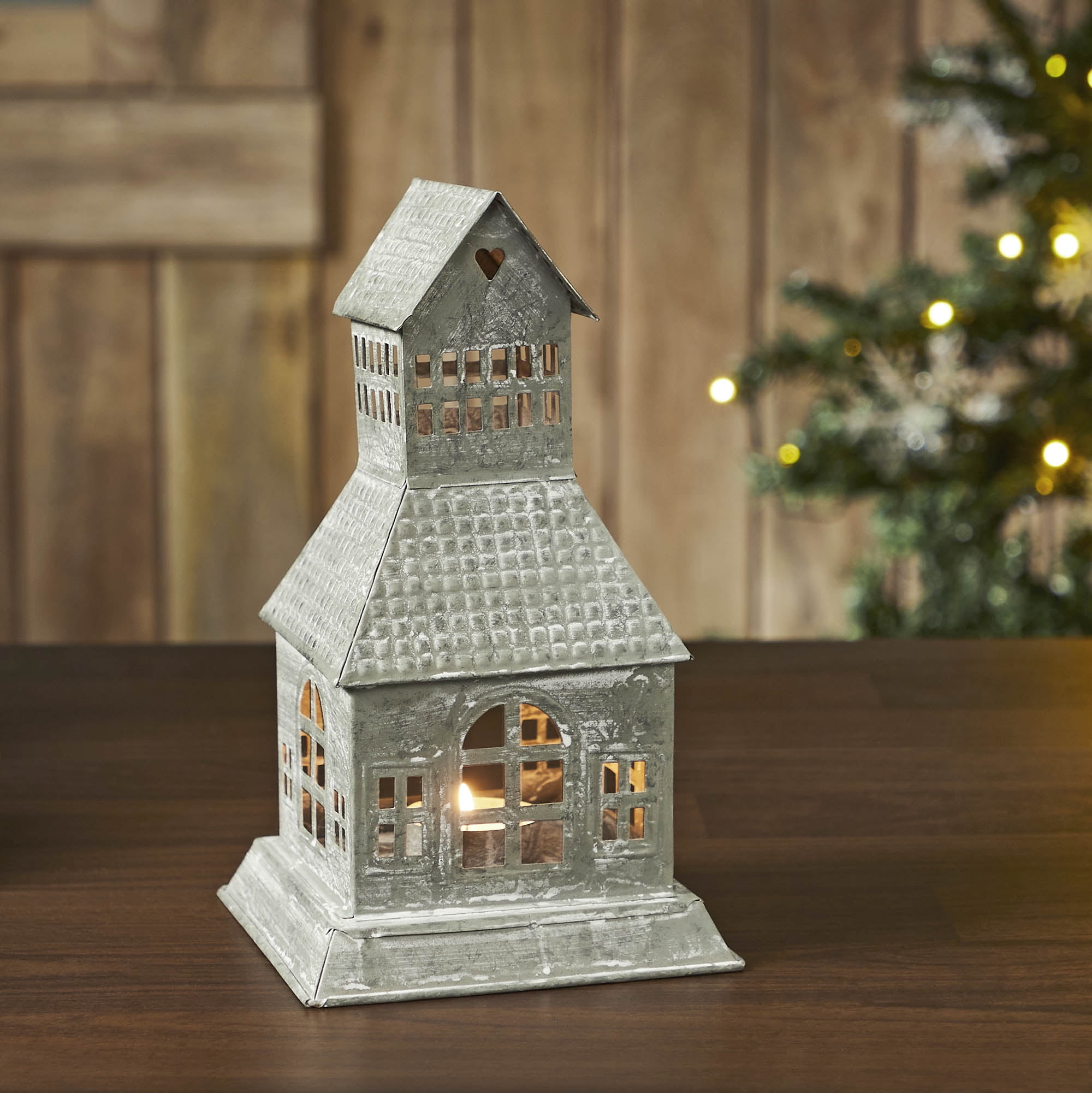 Antique Grey Metal Village House Tealight Holder 9.5x5.5