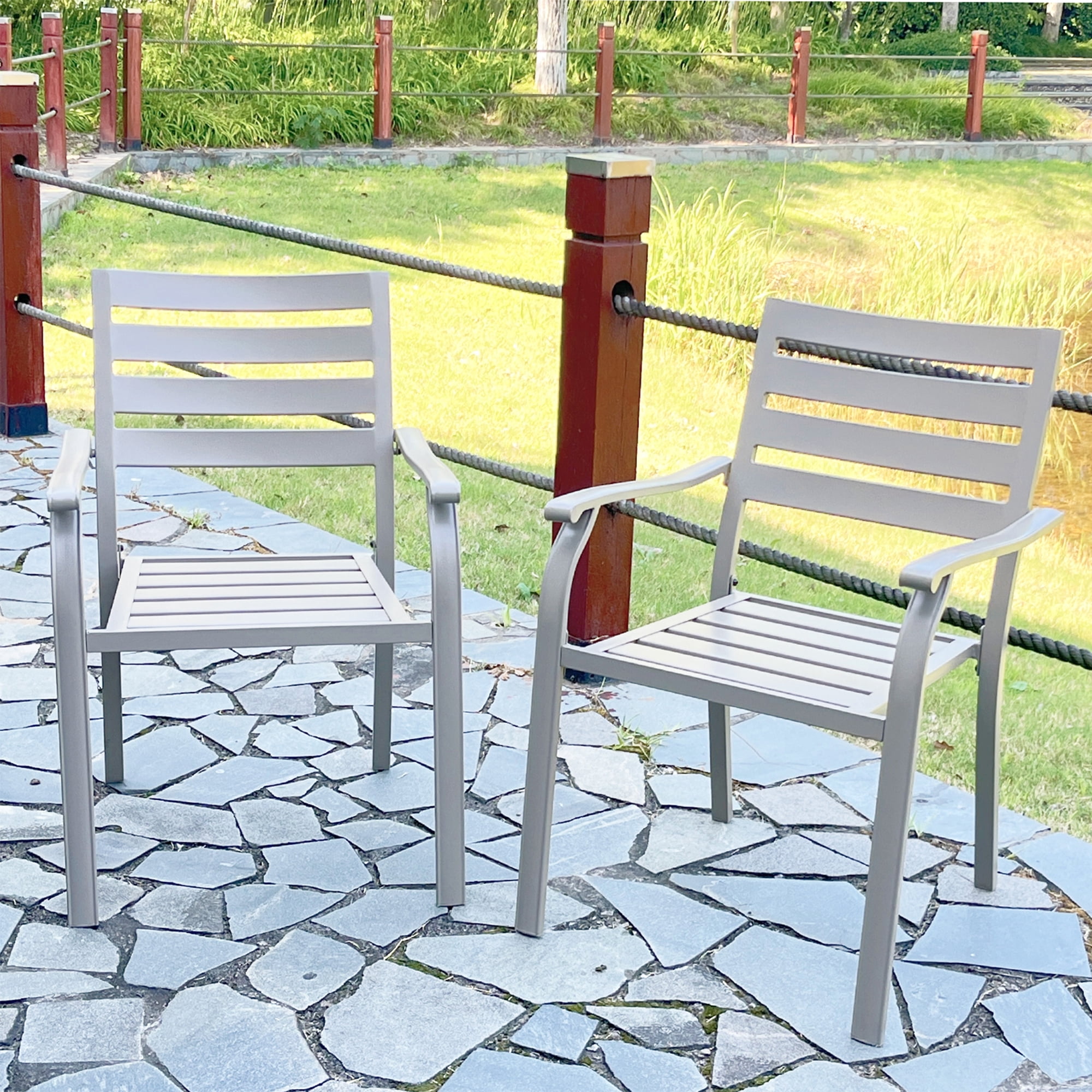 Metal Terrace Dining Chairs Set of 2 Cream Metal Side Chairs for Garden Terrace Poolside Outdoor Dining, Cream