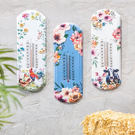 Petal & Plow Garden Decor, Metal Thermometer, 16", Asst of 3