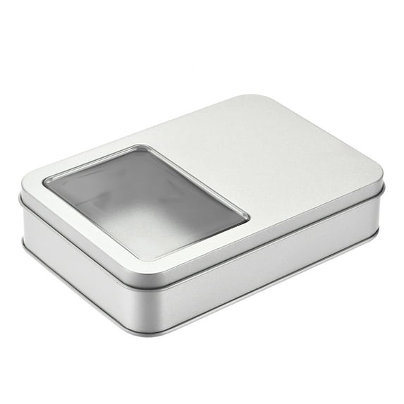 Metal Tin Box, 6.3" x 4.33" x 1.38" Empty Tinplate Storage Containers with Clear Window Lids, Silver Tone, 1 Pack