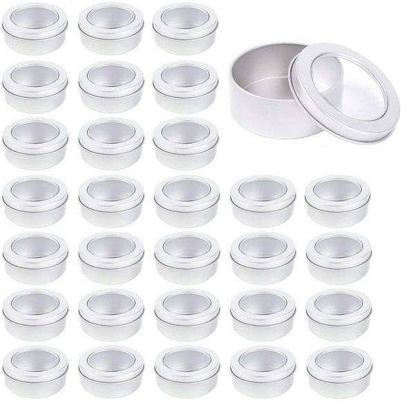 Metal Tin Cans - 2 Ounce Round Empty Containers with Clear Top for Cosmetics Crafts Food Storage Party Favors (30)