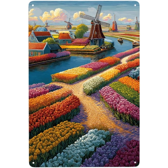 Metal Tin Hanging Wall Plaque Sign, Dutch Countryside With Multicolor Tulips and Windmills, Modern Art Decor for Home or Office, 8 x 12 Inch