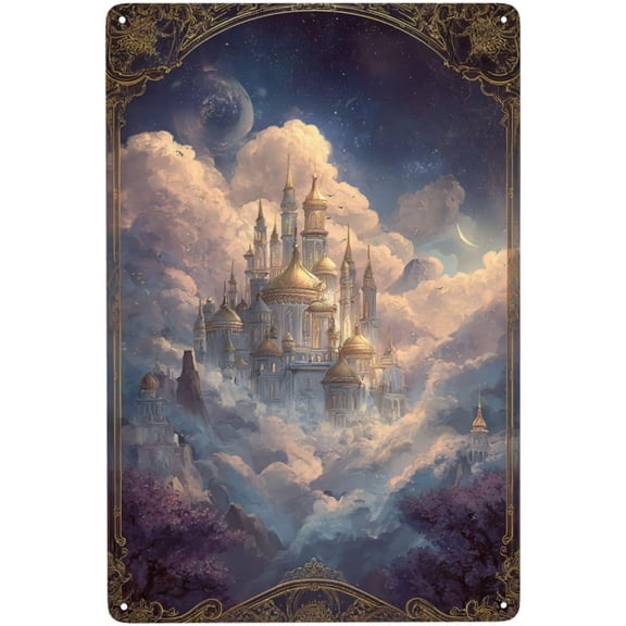 Metal Tin Plaque, Grand Castle on Clouds and Galaxy Backdrop, Ornate Border Wall Decor, 8 x 12 Inch