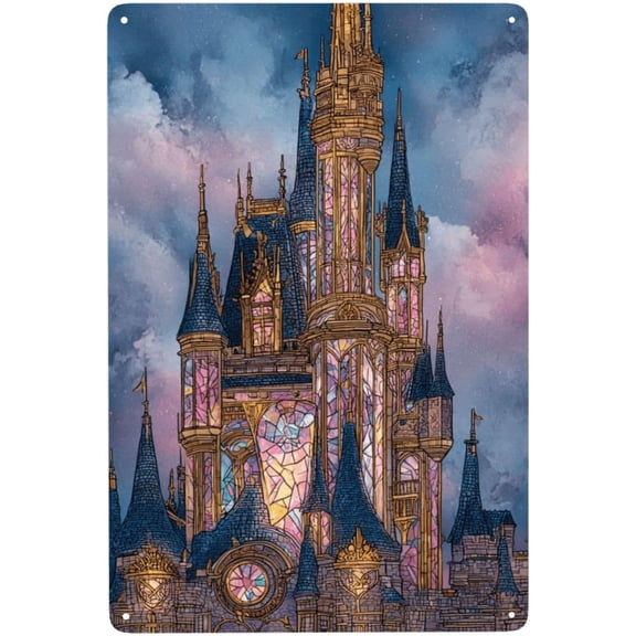 Metal Tin Poster, Magical Gothic Castle Under Starry Sky, Modern Wall Art for Tavern Cafes Studio, 8 x 12 Inch Decorative Gift for Dreamers and Collectors