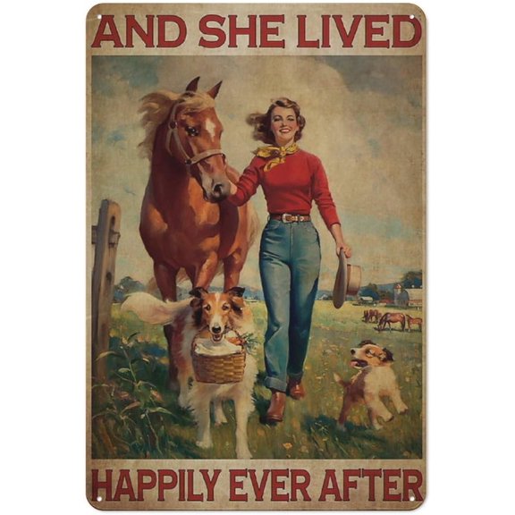 Metal Tin Retro Sign Farmhouse Country Wall Art Plaque with Girl Horse and Dogs 8x12 Inch