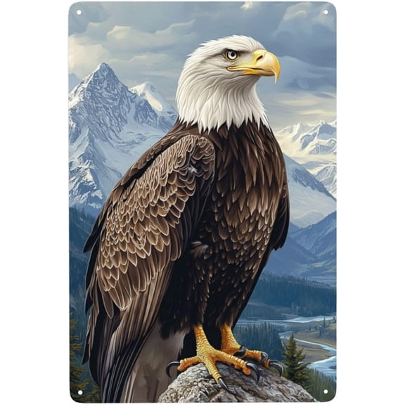 Metal Tin Sign 8x12 Inch Bald Eagle Mountain River Forest Wall Decor Tinplate Poster Plaque Easy To Hang