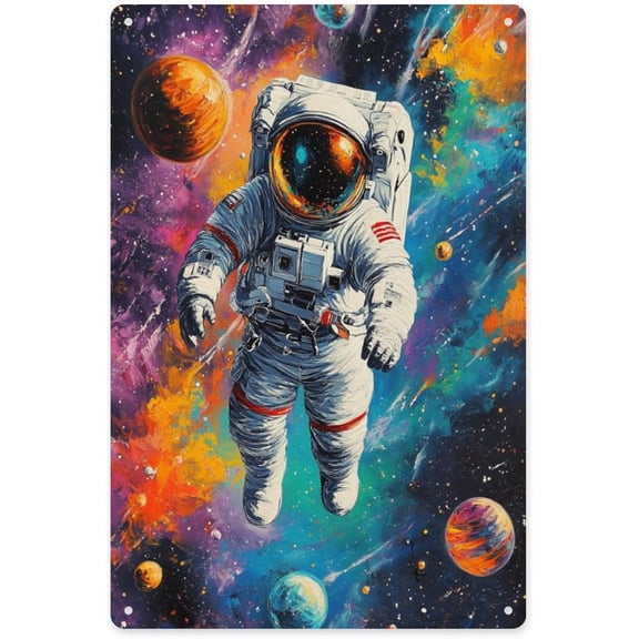 Metal Tin Sign Astronaut Floating Among Colorful Planets Sci Fi Wall Art Decor Easy To Hang Aluminum Plaque 8x12 Inch