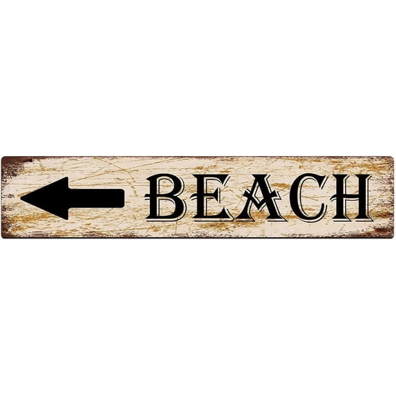Metal Tin Sign Beach with Left Arrow Retro Aluminum Metal Sign for Street Home Office Garden Decor 4×16 Inches