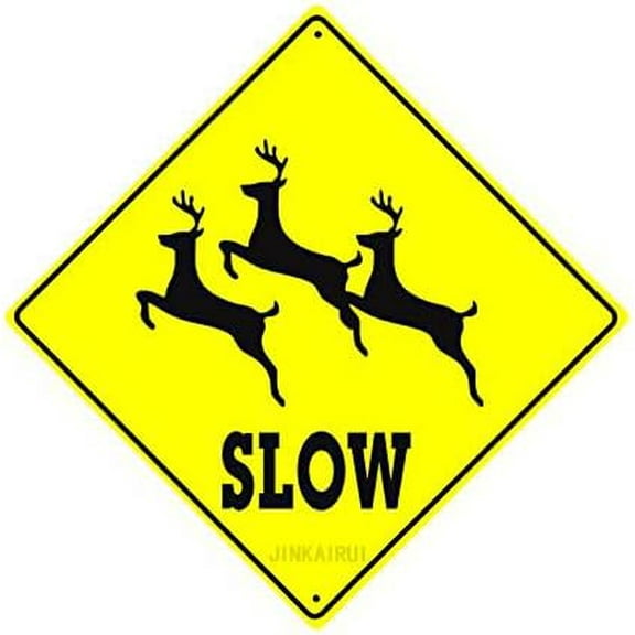 Metal Tin Sign Deers Crossing Xing Slow with Graphic Caution Wildlife Animal Hunter Road Décor Diamond Sign Indoor Outdoor Wall Decor Yard Sign Square Sign 12" x 12"