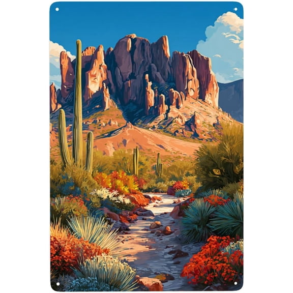 Metal Tin Sign Desert Landscape With Rock Formations And Cacti Wall Decor 8x12 Inch