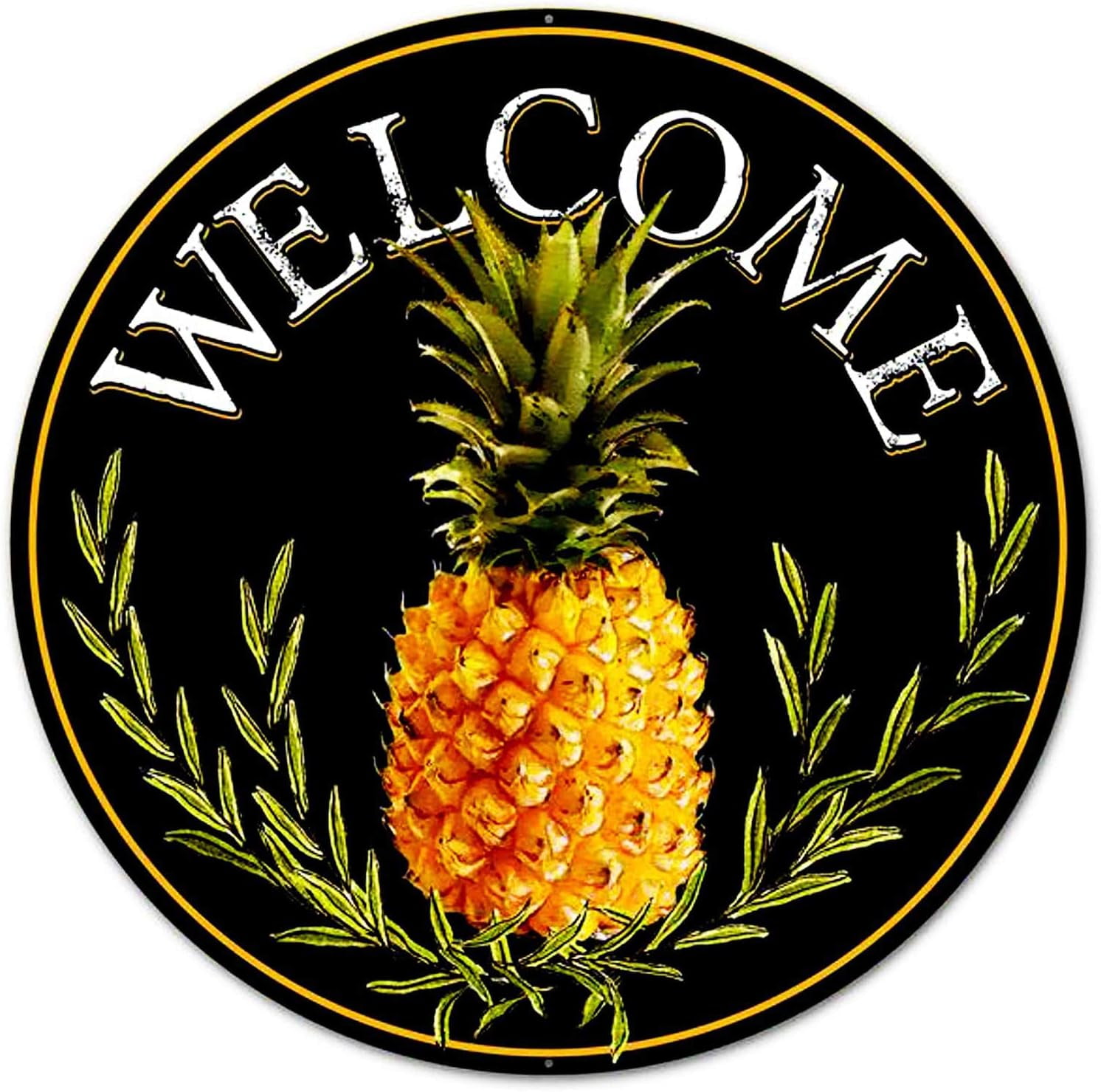 Black and Golden Yellow Metal Welcome Pineapple Sign, 12" Round