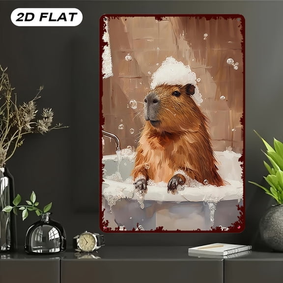 Metal Tin Sign Featuring a Cute Beaver Bathing Illustration in Abstract Watercolor, Measuring 8X12 Inches. This Vintage Wall Art Serves As Decoration for Various Spaces Including Rooms, Home