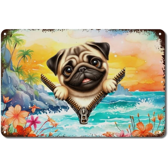 Metal Tin Sign Funny Pug Peeking Dog Wall Plaque Retro Aluminum Art Decor for Man Cave Living Room Kitchen Front Porch 12x8 in