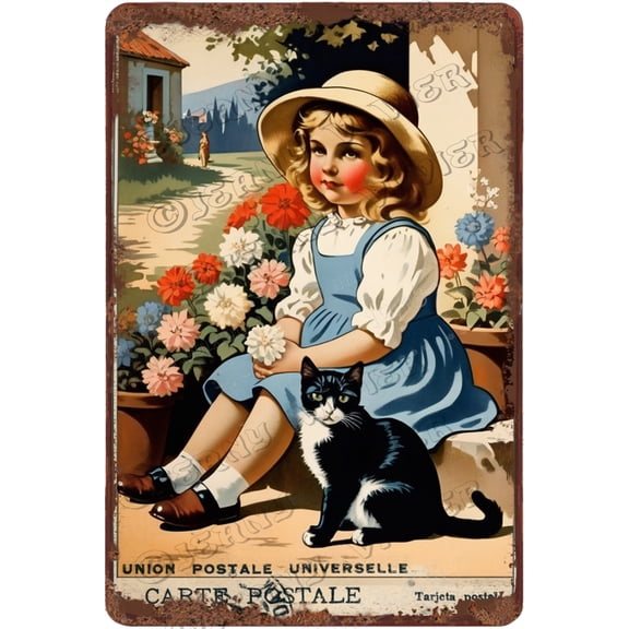 Metal Tin Sign Girl with Cats Metal Poster Garden Tin Sign French Country Style Vintage Art Retro Metal Poster Vintage Wall Art Living Room Decor, Aluminum 12"x8"