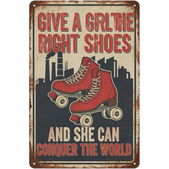 Metal Tin Sign Give A Girl The Right Shoes And She Can Conquer The World Vintage Art Wall Decor Sign for Home Bar Pub Cafe Farm Room 8"x12" with Black Metal Framed