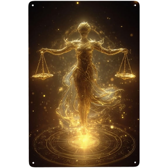 Metal Tin Sign, Golden Lady Justice With Scales And Zodiac Design, 8 x 12 Inch Wall Art Plaque, Easy to Hang