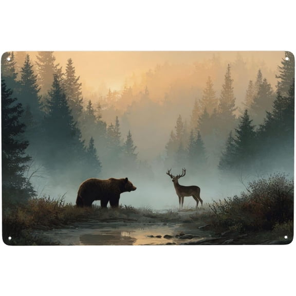Metal Tin Sign, Golden Sunrise River Forests Wildlife Print Aluminum Poster,Tinplate Wall Art For Living Room, Rustic Home Decor For Cottage, For Wildlife Art Collectors 8x12 Inch