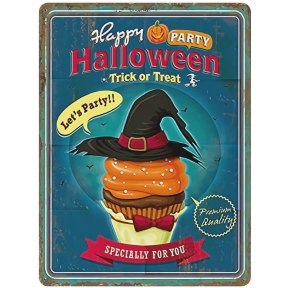 Metal Tin Sign Halloween Tin Sign Cupcake Trick or Treak Happy Halloween Vintage Tin Poster Metal Sign Wall Decoration Country Kitchen Home Garage Decor 16"x12"